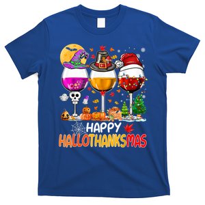 Happy Hallothanksmas Wine Glasses Witch Santa Hat Pumpkin Gift T-Shirt