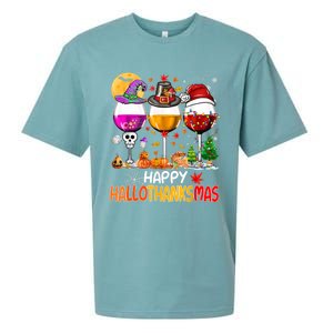 Happy Hallothanksmas Wine Glasses Witch Santa Hat Pumpkin Gift Sueded Cloud Jersey T-Shirt