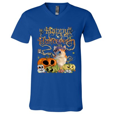 Happy Halloween Witch Corgi Pumpkin Black Cat JackOLantern Cool Gift V-Neck T-Shirt