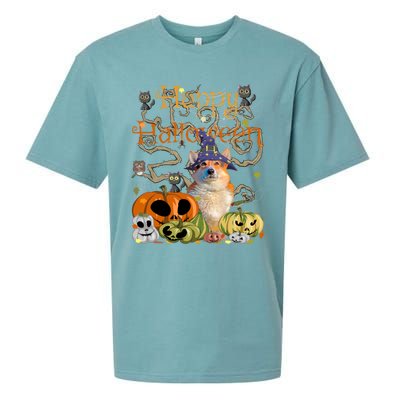 Happy Halloween Witch Corgi Pumpkin Black Cat JackOLantern Cool Gift Sueded Cloud Jersey T-Shirt