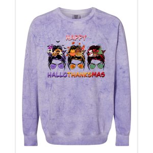 Happy Hallothanksmas Woman Messy Bun Hair Colorblast Crewneck Sweatshirt