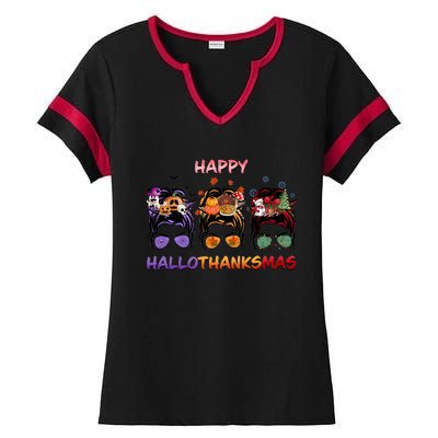 Happy Hallothanksmas Woman Messy Bun Hair Ladies Halftime Notch Neck Tee