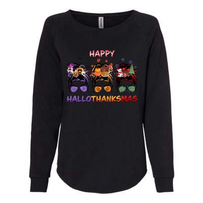 Happy Hallothanksmas Woman Messy Bun Hair Womens California Wash Sweatshirt