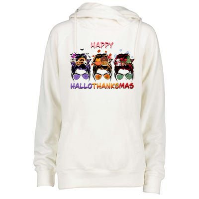 Happy Hallothanksmas Woman Messy Bun Hair Womens Funnel Neck Pullover Hood