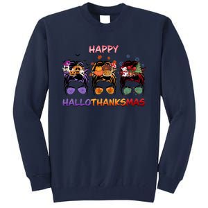 Happy Hallothanksmas Woman Messy Bun Hair Tall Sweatshirt