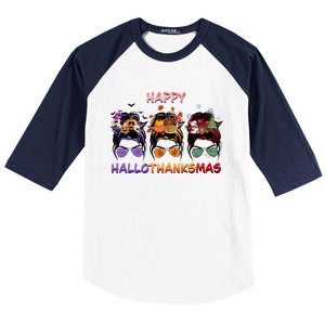 Happy Hallothanksmas Woman Messy Bun Hair Baseball Sleeve Shirt