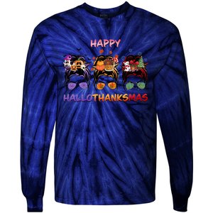 Happy Hallothanksmas Woman Messy Bun Hair Tie-Dye Long Sleeve Shirt