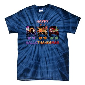 Happy Hallothanksmas Woman Messy Bun Hair Tie-Dye T-Shirt