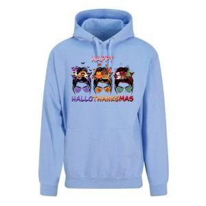 Happy Hallothanksmas Woman Messy Bun Hair Unisex Surf Hoodie