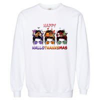 Happy Hallothanksmas Woman Messy Bun Hair Garment-Dyed Sweatshirt