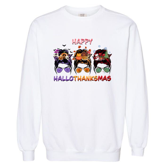 Happy Hallothanksmas Woman Messy Bun Hair Garment-Dyed Sweatshirt