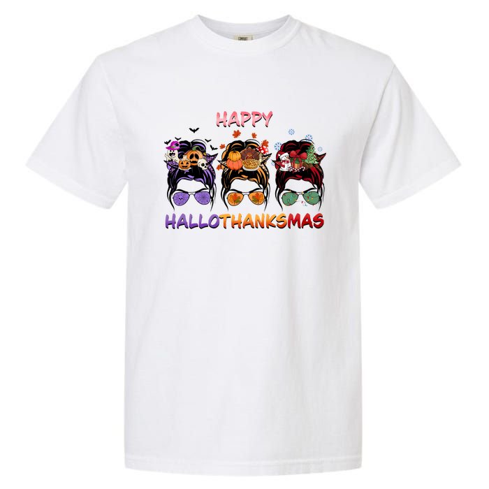 Happy Hallothanksmas Woman Messy Bun Hair Garment-Dyed Heavyweight T-Shirt