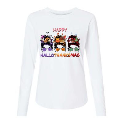 Happy Hallothanksmas Woman Messy Bun Hair Womens Cotton Relaxed Long Sleeve T-Shirt