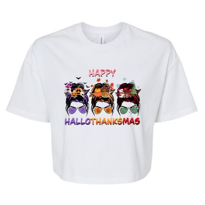 Happy Hallothanksmas Woman Messy Bun Hair Bella+Canvas Jersey Crop Tee