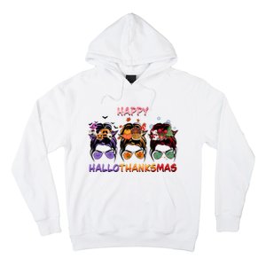 Happy Hallothanksmas Woman Messy Bun Hair Hoodie