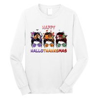 Happy Hallothanksmas Woman Messy Bun Hair Long Sleeve Shirt