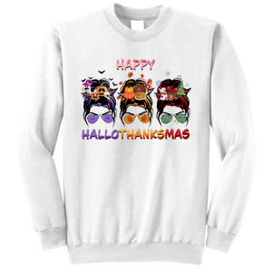 Happy Hallothanksmas Woman Messy Bun Hair Sweatshirt