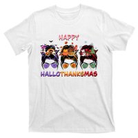 Happy Hallothanksmas Woman Messy Bun Hair T-Shirt