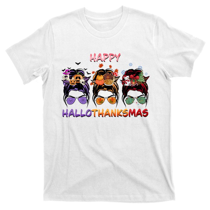 Happy Hallothanksmas Woman Messy Bun Hair T-Shirt