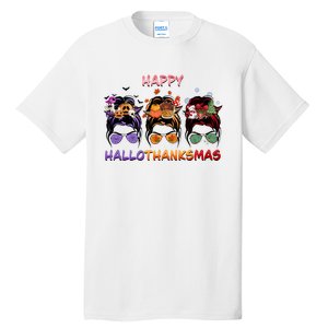 Happy Hallothanksmas Woman Messy Bun Hair Tall T-Shirt