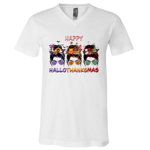 Happy Hallothanksmas Woman Messy Bun Hair V-Neck T-Shirt