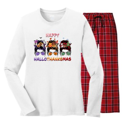 Happy Hallothanksmas Woman Messy Bun Hair Women's Long Sleeve Flannel Pajama Set 