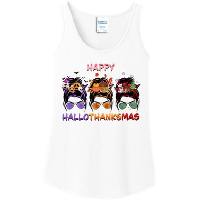 Happy Hallothanksmas Woman Messy Bun Hair Ladies Essential Tank