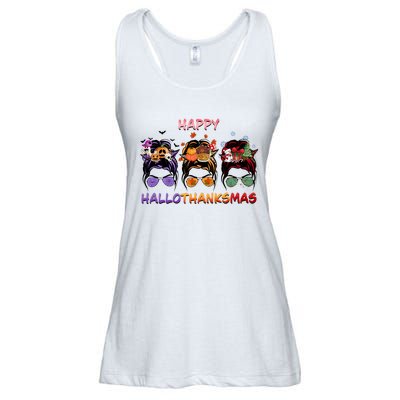 Happy Hallothanksmas Woman Messy Bun Hair Ladies Essential Flowy Tank