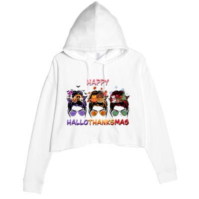 Happy Hallothanksmas Woman Messy Bun Hair Crop Fleece Hoodie