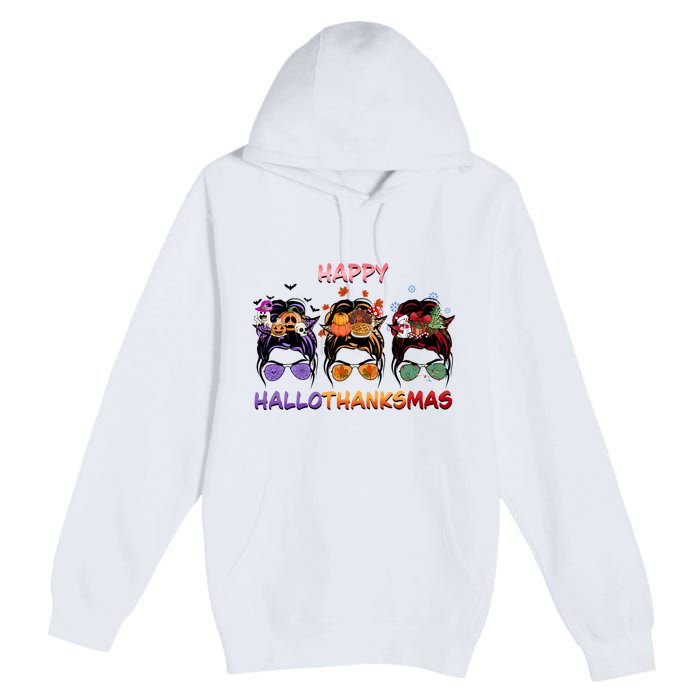 Happy Hallothanksmas Woman Messy Bun Hair Premium Pullover Hoodie