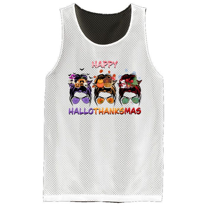 Happy Hallothanksmas Woman Messy Bun Hair Mesh Reversible Basketball Jersey Tank