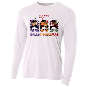 Happy Hallothanksmas Woman Messy Bun Hair Cooling Performance Long Sleeve Crew