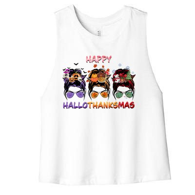 Happy Hallothanksmas Woman Messy Bun Hair Women's Racerback Cropped Tank