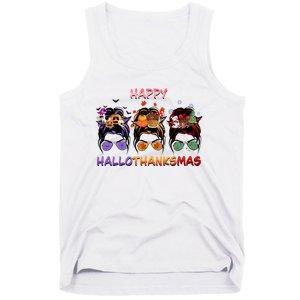 Happy Hallothanksmas Woman Messy Bun Hair Tank Top