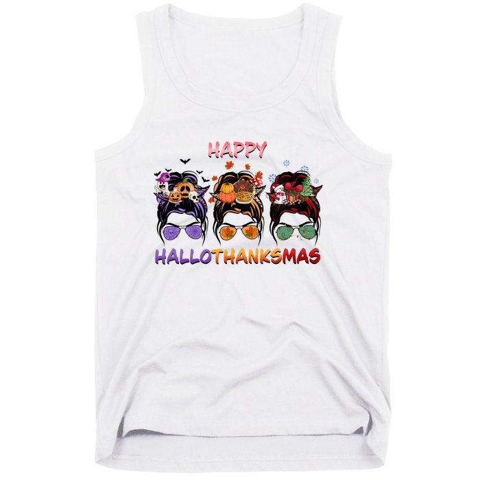 Happy Hallothanksmas Woman Messy Bun Hair Tank Top