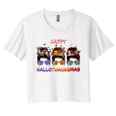 Happy Hallothanksmas Woman Messy Bun Hair Women's Crop Top Tee