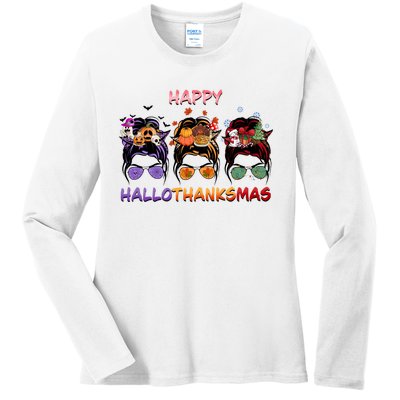 Happy Hallothanksmas Woman Messy Bun Hair Ladies Long Sleeve Shirt