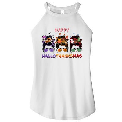 Happy Hallothanksmas Woman Messy Bun Hair Women’s Perfect Tri Rocker Tank