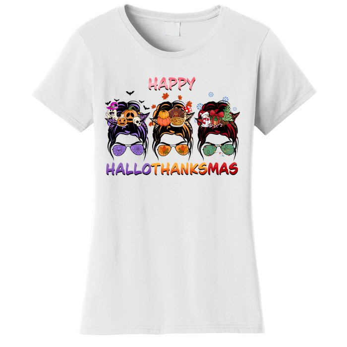 Happy Hallothanksmas Woman Messy Bun Hair Women's T-Shirt