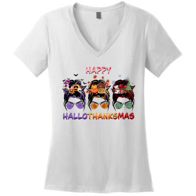 Happy Hallothanksmas Woman Messy Bun Hair Women's V-Neck T-Shirt