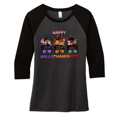 Happy Hallothanksmas Woman Messy Bun Hair Women's Tri-Blend 3/4-Sleeve Raglan Shirt