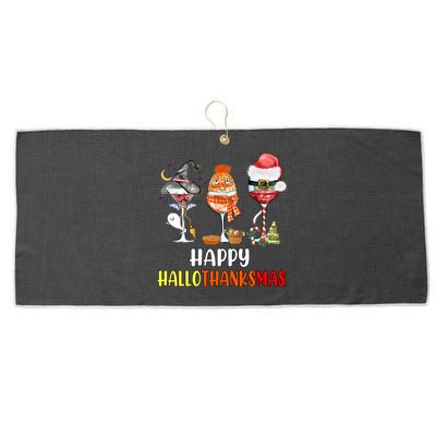 Happy Hallothanksmas Wine Glasses Witch Santa Hat Pumpkin Gift Large Microfiber Waffle Golf Towel