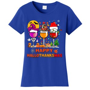 Happy Hallothanksmas Wine Glasses Witch Santa Hat Pumpkin Gift Women's T-Shirt