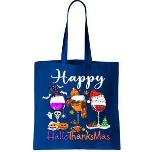 Happy Hallothanksmas Wine Glasses Witch Santa Hat Pumpkin Gift Tote Bag