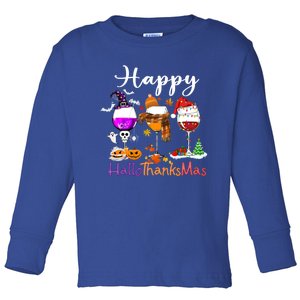 Happy Hallothanksmas Wine Glasses Witch Santa Hat Pumpkin Gift Toddler Long Sleeve Shirt