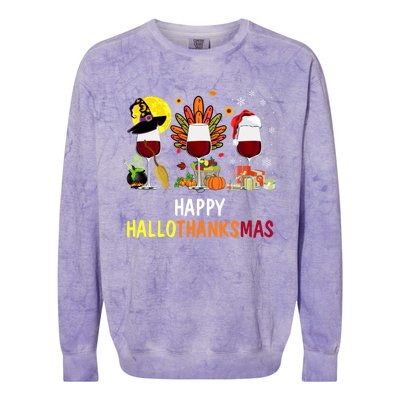 Happy Hallothanksmas Wine Glasses Witch Santa Hat Turkey Gift Colorblast Crewneck Sweatshirt