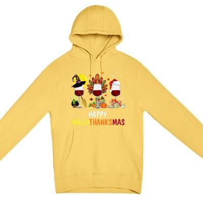 Happy Hallothanksmas Wine Glasses Witch Santa Hat Turkey Gift Premium Pullover Hoodie