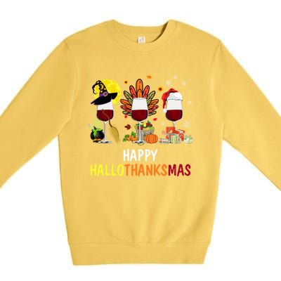 Happy Hallothanksmas Wine Glasses Witch Santa Hat Turkey Gift Premium Crewneck Sweatshirt