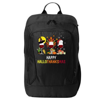 Happy Hallothanksmas Wine Glasses Witch Santa Hat Turkey Gift City Backpack