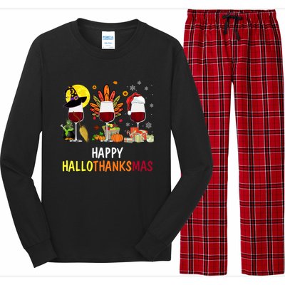 Happy Hallothanksmas Wine Glasses Witch Santa Hat Turkey Gift Long Sleeve Pajama Set